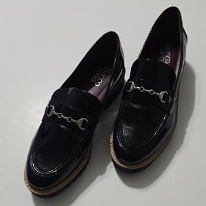 Franco Sarto Glossy Black Loafers with Silver Accent